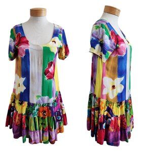 Jams World Hattie Bloeman Watercolor Floral Tiered Drop Waist Deep U Dress S